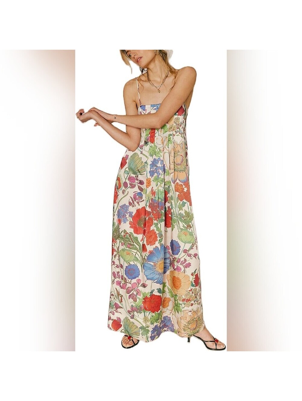 NWOT Amiblvowa Women’s Floral Boho Spaghetti Strap A-Line Maxi Dress, L (12/14)